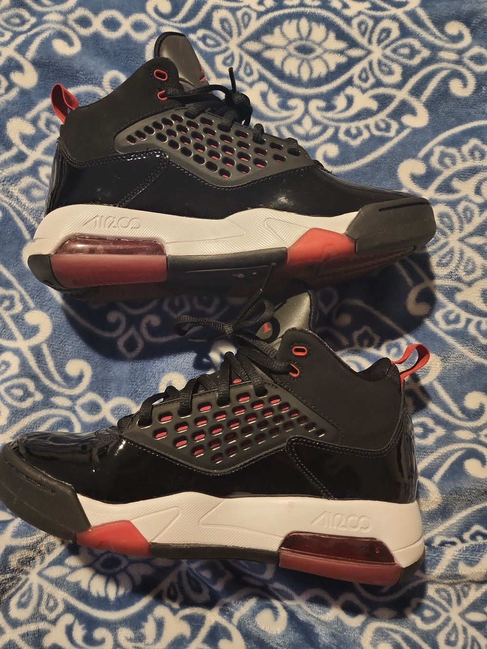 Nike Jordan Patent Leather Kids Black and Red Mid-Top Sneakers